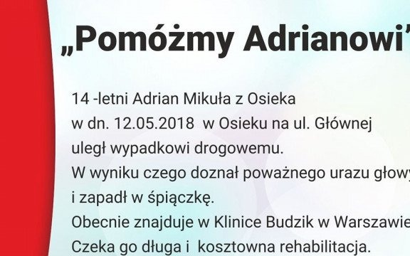 Akcja pomocy dla 14-letniego Adriana, potrąconego przez samochód