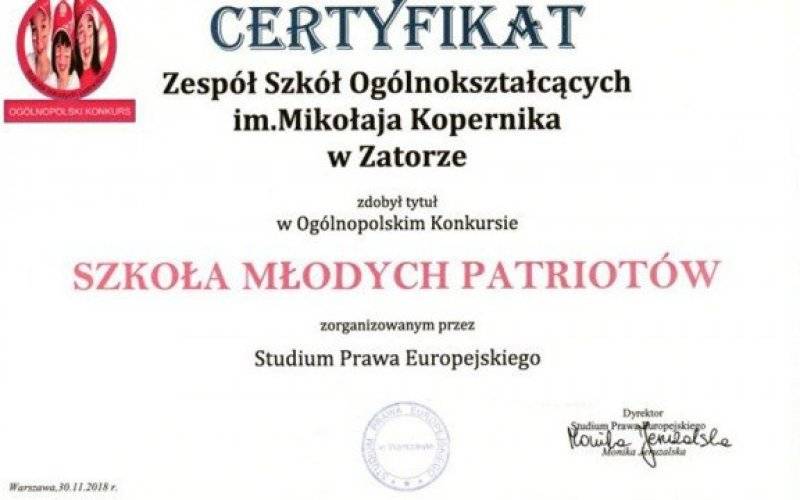 ZSO w Zatorze z certyfikatem „Szkoła Młodych Patriotów”