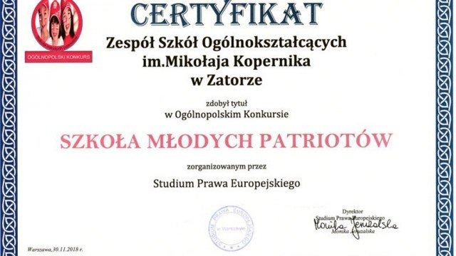 ZSO w Zatorze z certyfikatem „Szkoła Młodych Patriotów”