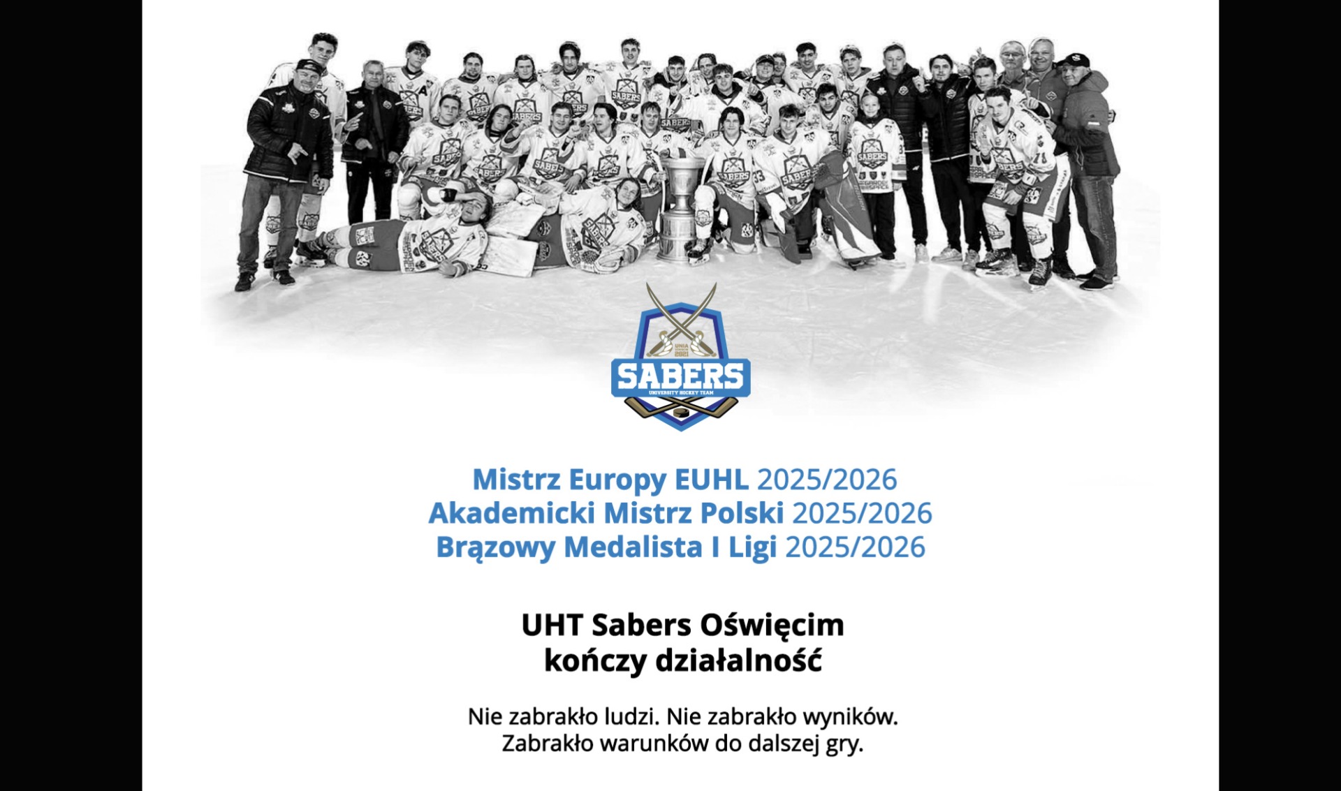 Mistrzowie Europy żegnają się z Oświęcimiem. Hokejowy klub UHT SABERS wini miasto
