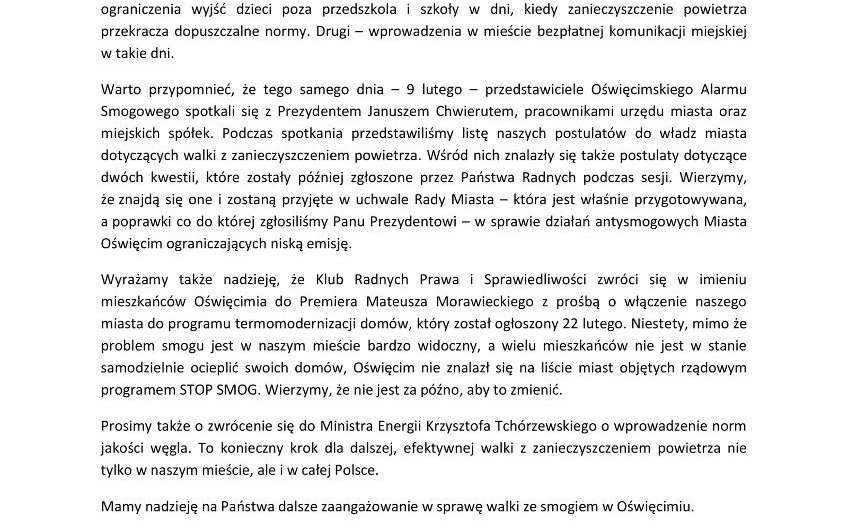 OŚWIĘCIM. Kolejne działania Oświęcimskiego Alarmu Smogowego