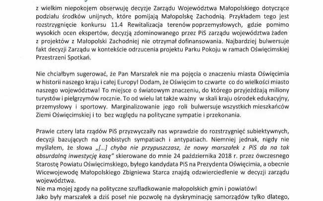 OŚWIĘCIM. List otwarty do Marszałka Województwa