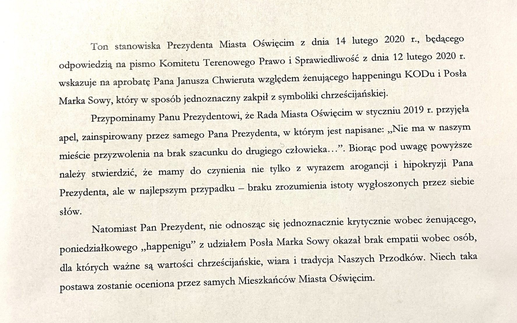 OŚWIĘCIM. PiS odpowiada prezydentowi Chwierutowi