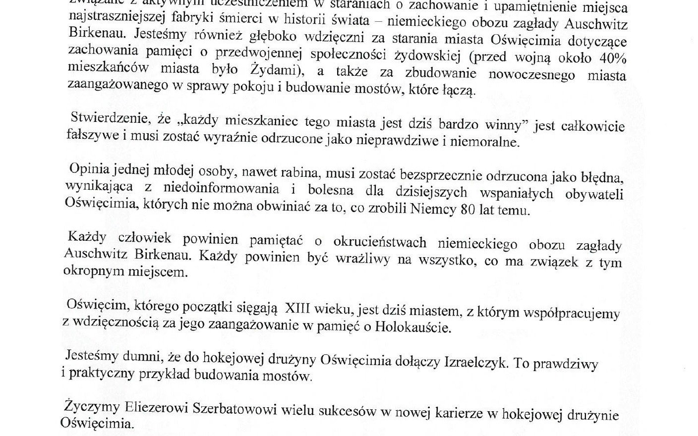 OŚWIĘCIM. Stanowisko Naczelnego Rabina Polski Michaela Schudricha