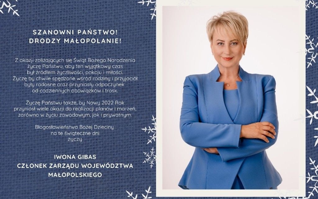 Życzenia Świąteczne Iwony Gibas – Członek Zarządu Województwa Małopolskiego.
