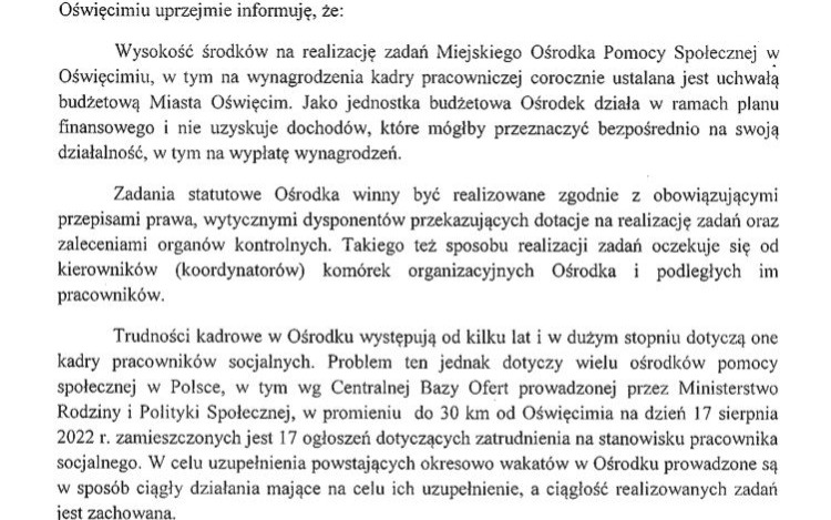 OŚWIĘCIM. Dyrektor MOPS odpowiada pracownikom