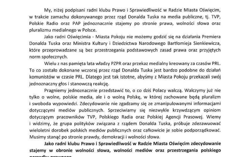 OŚWIĘCIM. Radni PiS wydali oświadczenie ws. zamachu na wolność słowa w mediach publicznych