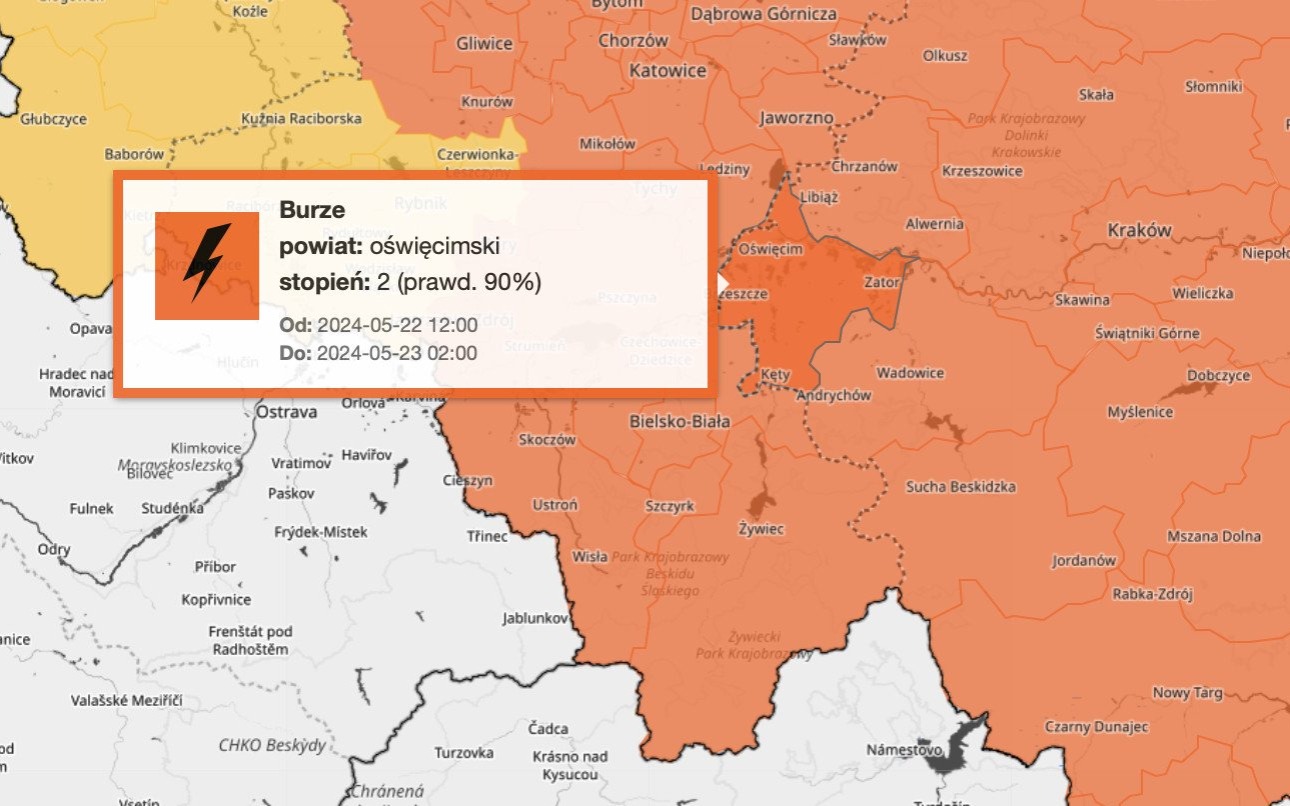 OŚWIĘCIM. Nad powiat oświęcimski nadciągają gwałtowne burze, silny wiatr i grad