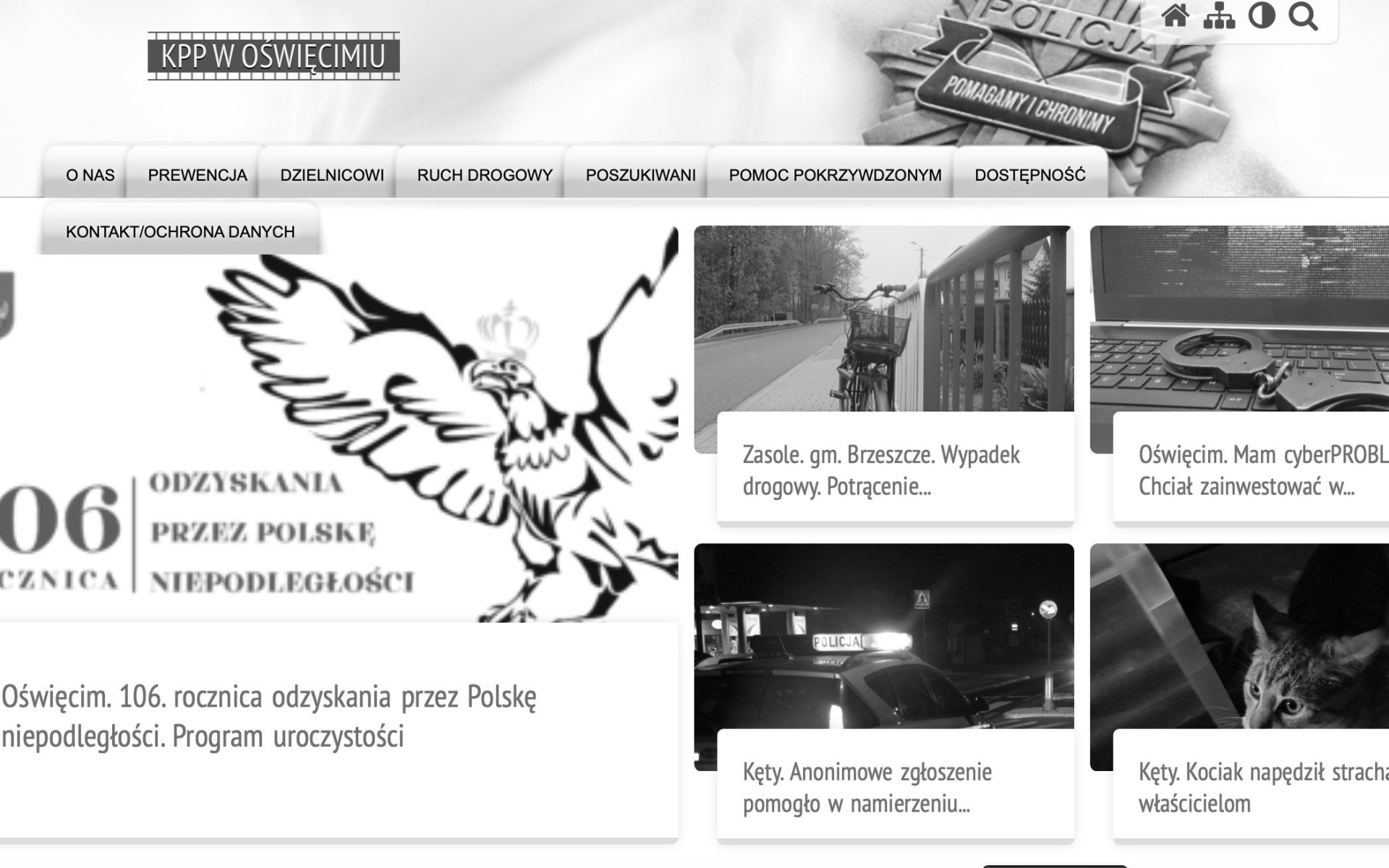 Wszystkie strony internetowe policji w Małopolsce w czerni i bieli – gest solidarności