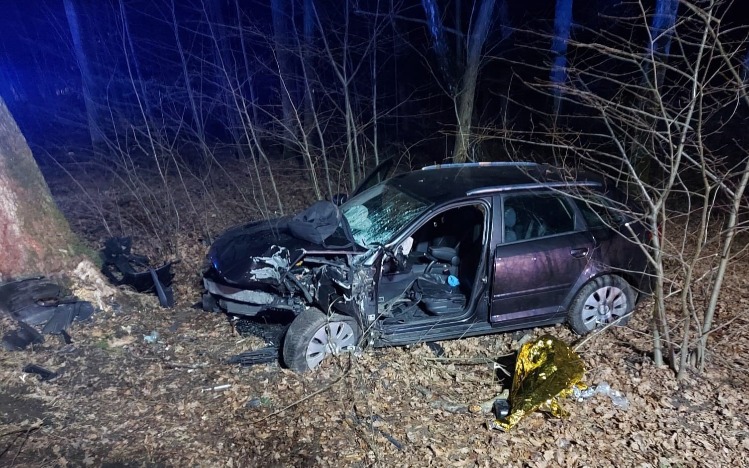 Pijany kierowca uderzył w drzewo. Trafił do szpitala z poważnymi obrażeniami