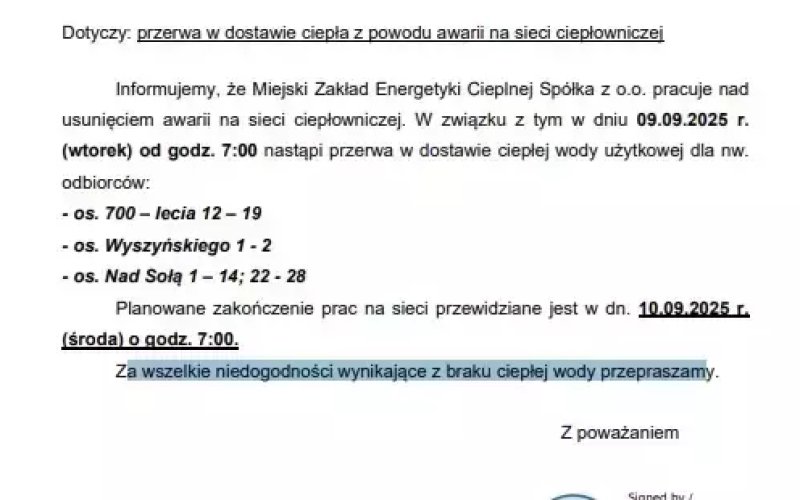 Kęty: Przerwa w dostawie ciepłej wody