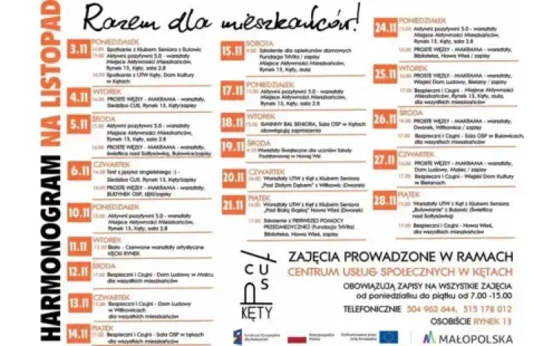 Listopadowy harmonogram Centrum Usług Społecznych w Kętach