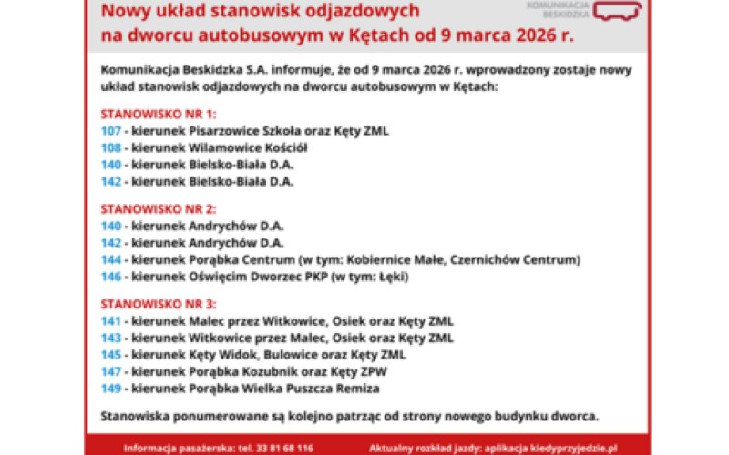 Informacja dla podróżnych korzystających z dworca autobusowego przy ul. Sienkiewicza 12 w Kętach