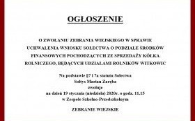 Ogłoszenie o zwołaniu Zebrania Wiejskiego w Witkowicach