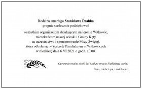Podziękowanie za udział w uroczystościach pogrzebowych śp. Stanisława Drabka