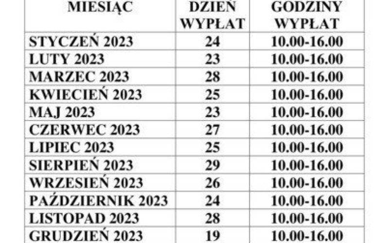 Terminy wypłaty świadczeń na rok 2023