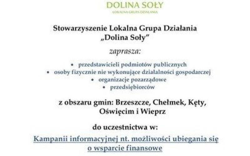 Kampania informacyjna nt. możliwości ubiegania się o wsparcie finansowe - LGD "Dolina Soły" zaprasza