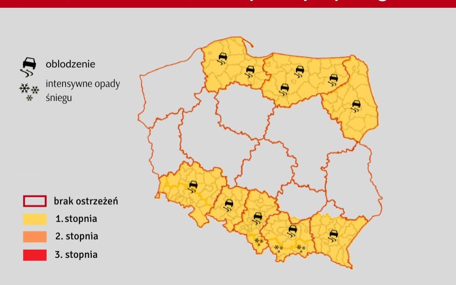 Ostrzeżenie przed oblodzeniem. Uważajcie na drogach