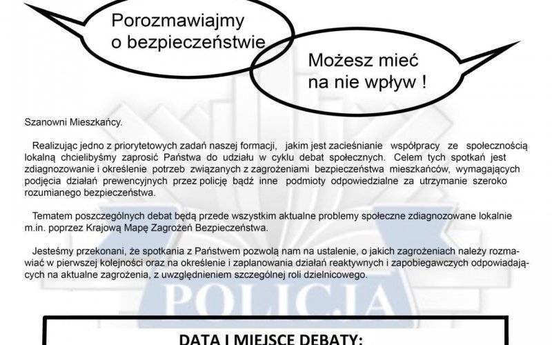 Policjanci zapraszają na debatę społeczną pt. „Porozmawiajmy o bezpieczeństwie – Możesz mieć na nie wpływ”