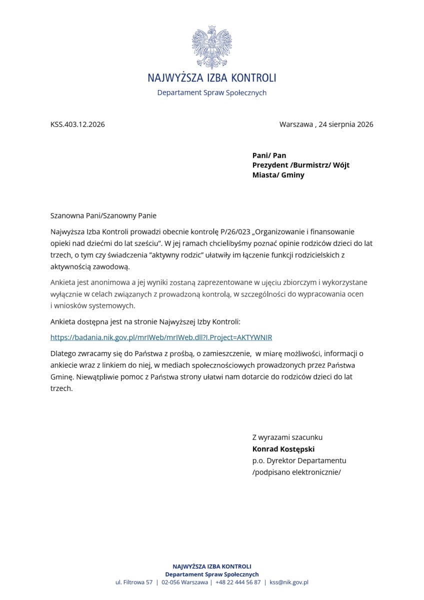 Ankieta związana z kontrolą Najwyższej Izby Kontroli