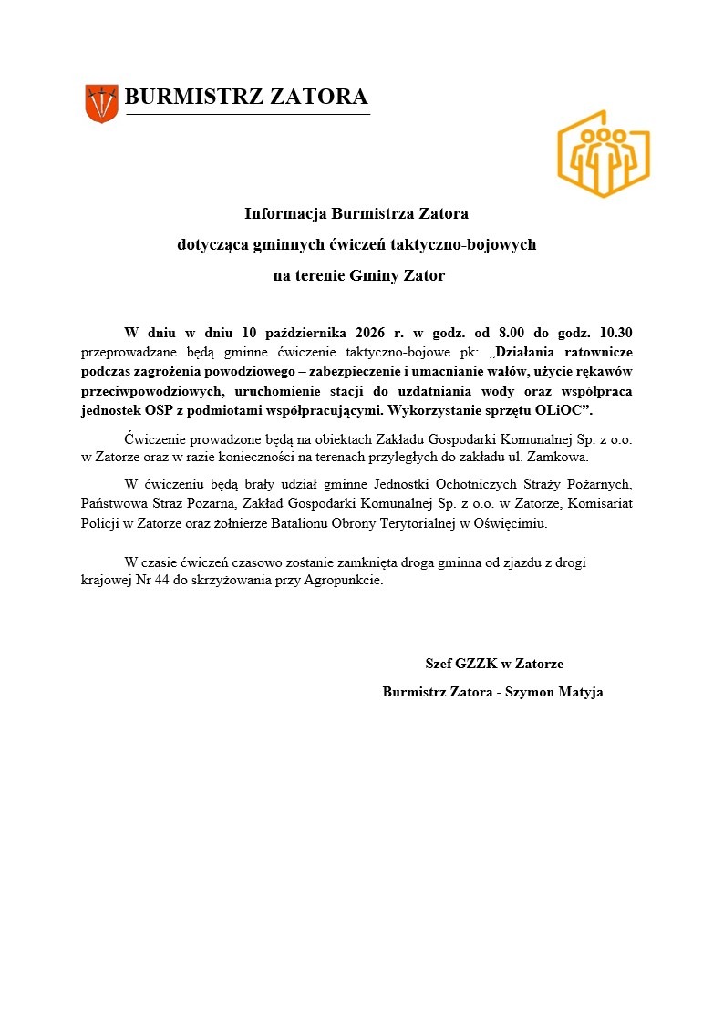 Informacja Burmistrza Zatora dotycząca gminnych ćwiczeń taktyczno-bojowych na terenie Gminy Zator