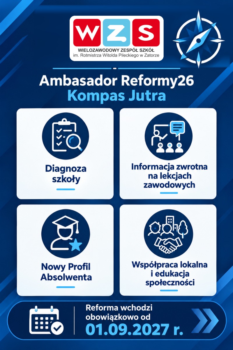 Wielozawodowy Zespół Szkół im. rtm. Witolda Pileckiego w Zatorze Ambasadorem Reformy26 „Kompas Jutra”!