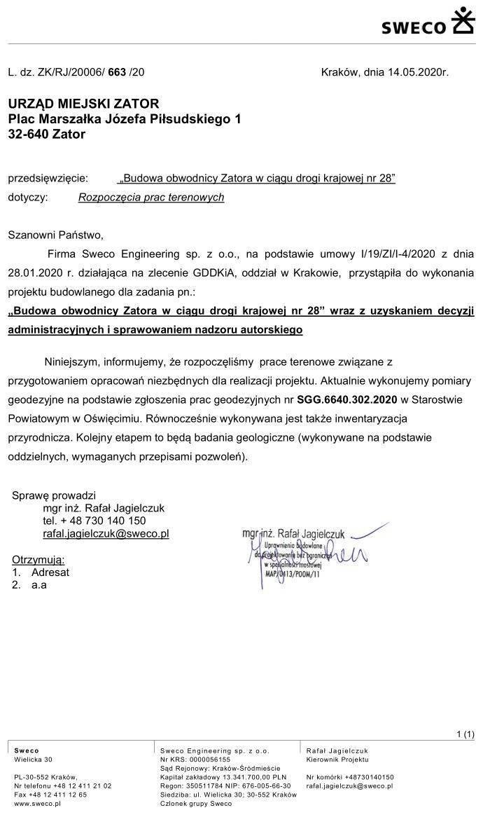 Rozpoczęcie prac terenowych związanych z przygotowaniem projektu obwodnicy Zatora