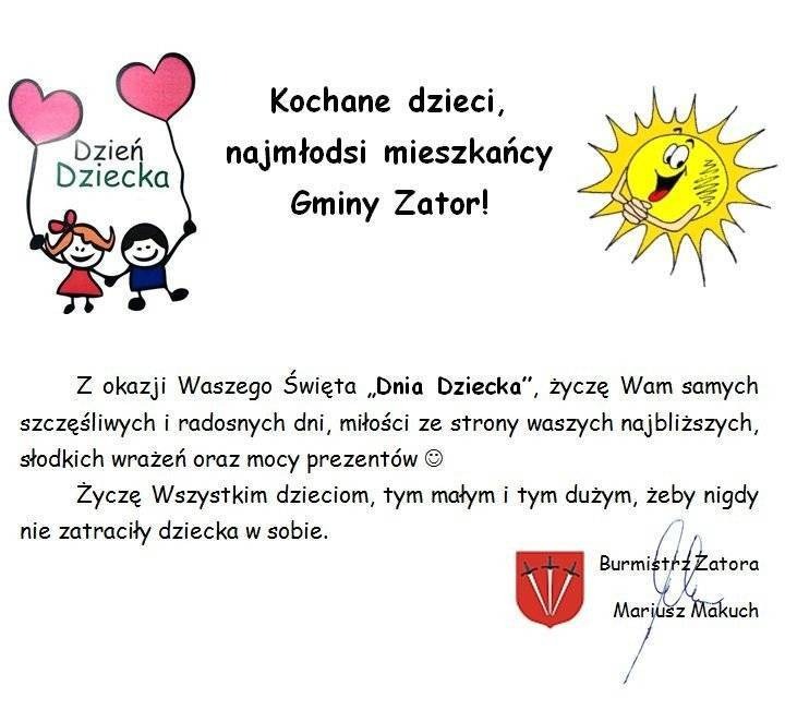 Życzenia z okazji Dnia Dziecka - Dzień Dziecka w Gminie Zator