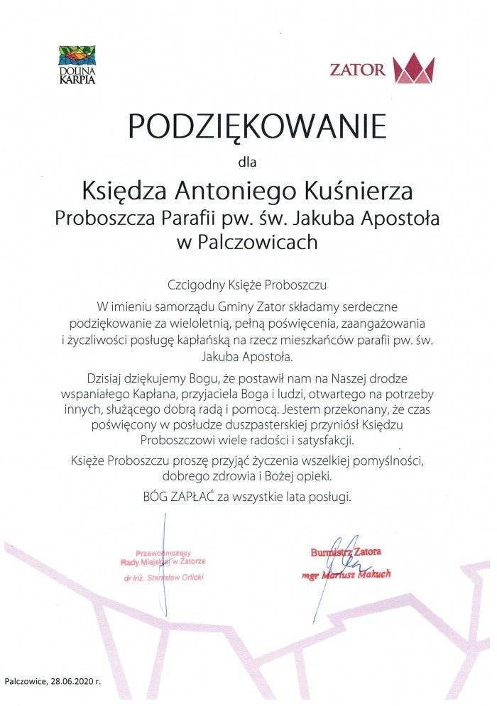 Podziękowanie dla Księdza Antoniego Kuśnierza Proboszcza Parafii pw. św. Jakuba Apostoła w Palczowicach