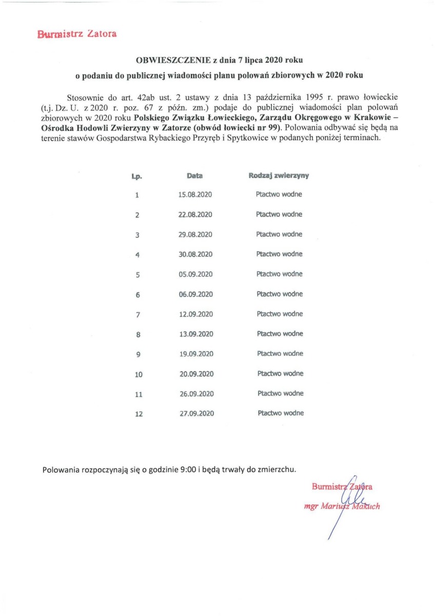 OBWIESZCZENIE Burmistrza Zatora