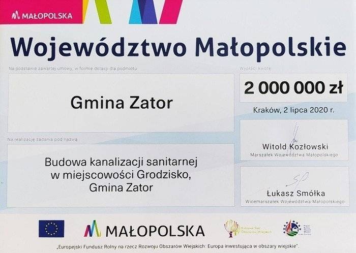 Gmina Zator pozyskała 2 miliony zł. na budowę kanalizacji Grodziska