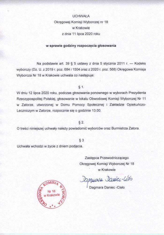 UCHWAŁAOkręgowej Komisji Wyborczej nr 18w Krakowiez dnia 11 lipca 2020 rokuw sprawie godziny rozpoczęcia głosowania