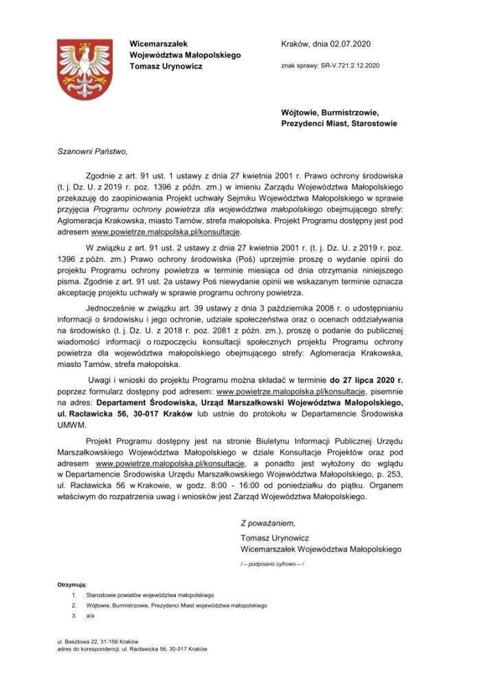 Konsultacje społeczne projektu Programu ochrony powietrza dla woj. małopolskiego. Uwagi i wnioski do 27.07.2020 r