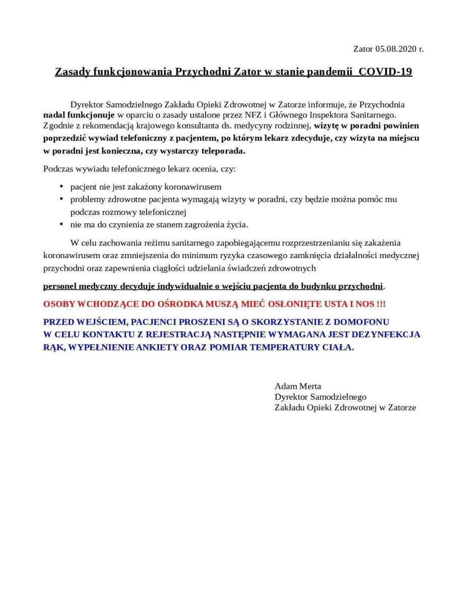 Informacja SZOZ Zator