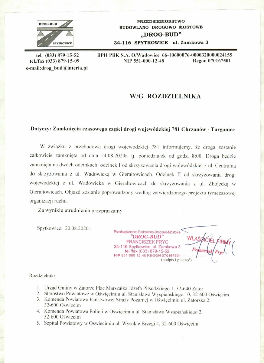 Zawiadomienie o zamknięciu drogi wojewódzkiej 781 Chrzanów Zator