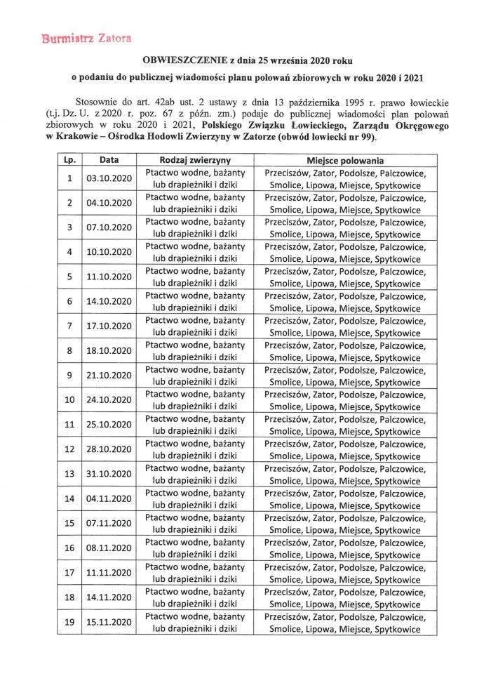 Plan polowań zbiorowych - PZŁ Zarząd Okręgowy w Krakowie - OHZ w Zatorze