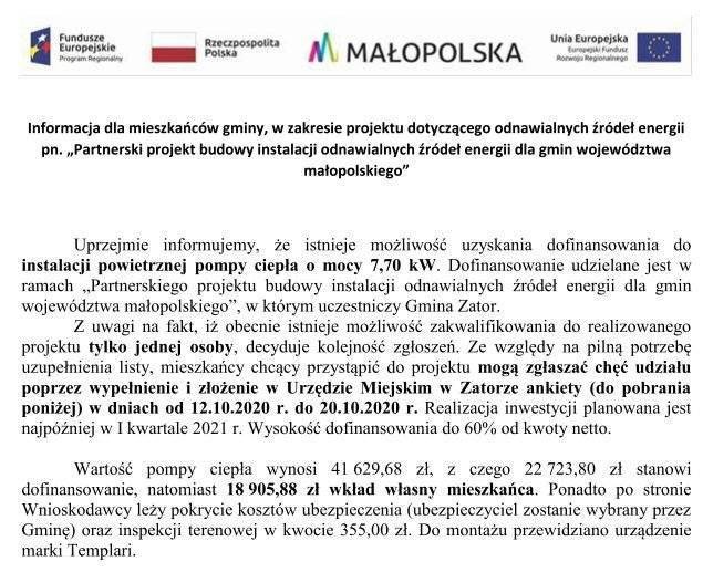 Dodatkowy nabór do projektu w zakresie jednej pompy ciepła o mocy 7,70 kW.