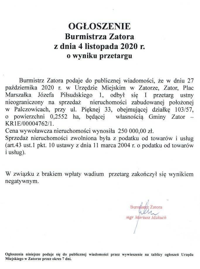 OGŁOSZENIE Burmistrza Zatora z dnia 4 listopada 2020 r.o wyniku przetargu