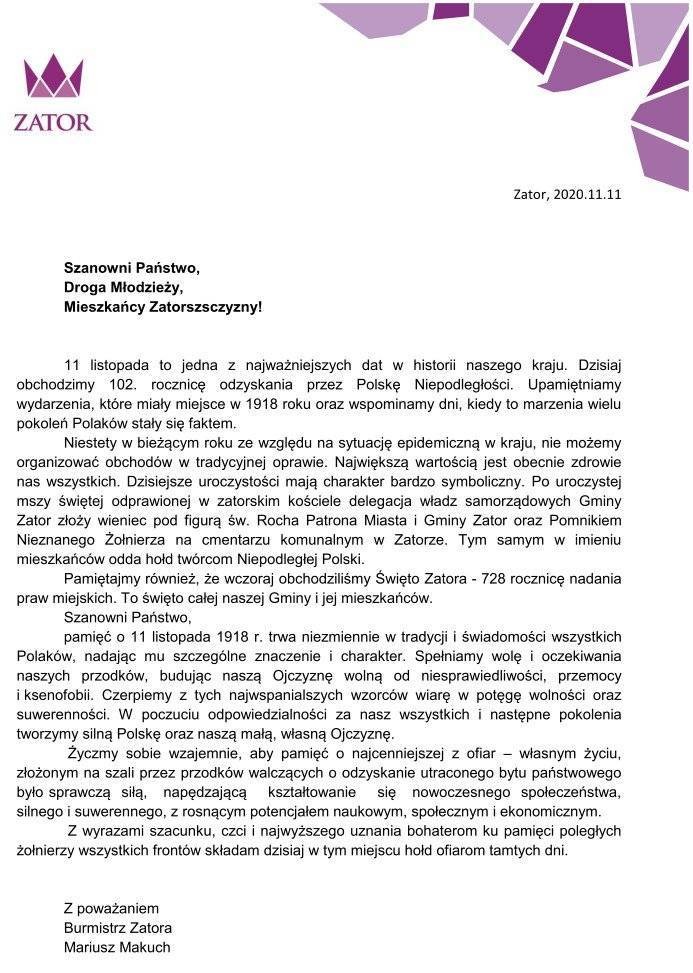 List Burmistrza Zatora Mariusza Makucha z okazji Święta Niepodległości