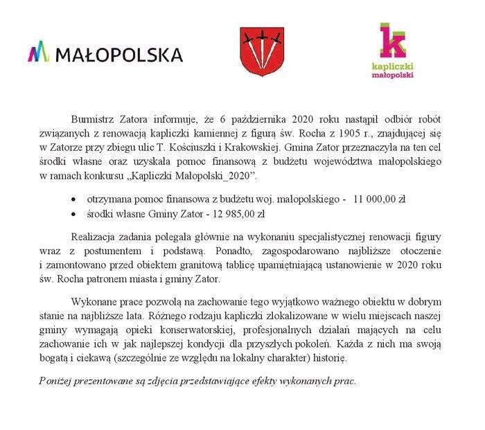 Zakończenie renowacji figury św. Rocha z 1905 r.