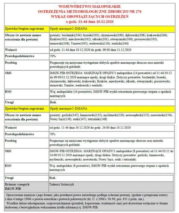 Ostrzeżenie meteorologiczne - Opady marznące/1 zmiana