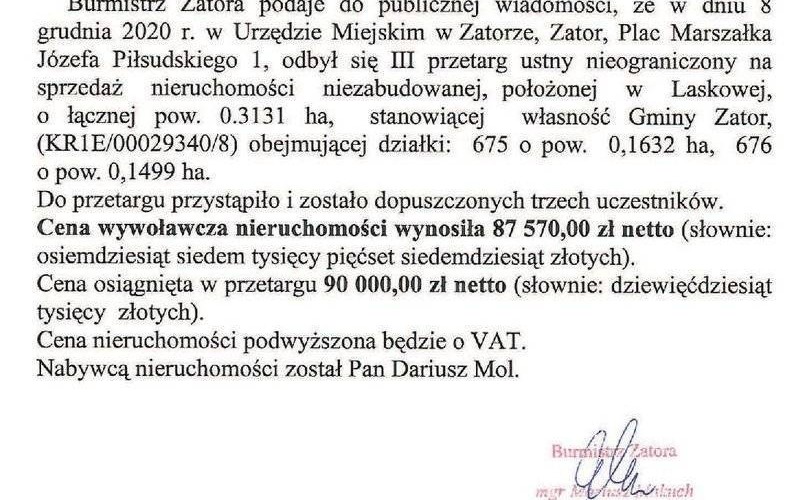 OGŁOSZENIE Burmistrza Zatoraz dnia 16 grudnia 2020 r.