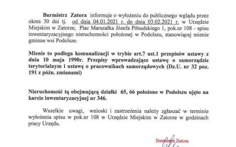 OGŁOSZENIE Burmistrza Zatora