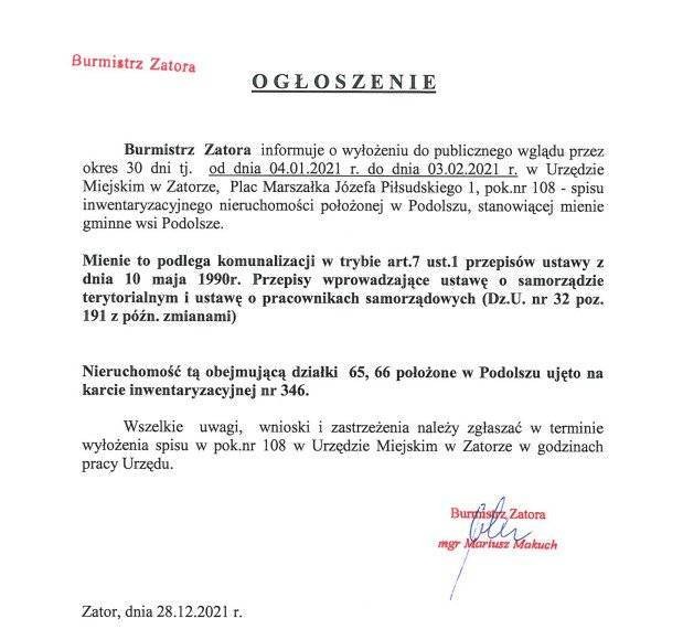 OGŁOSZENIE Burmistrza Zatora