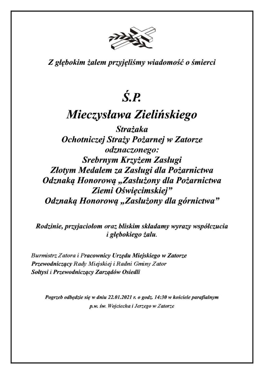 Z głębokim żalem przyjęliśmy wiadomość o śmierci Ś.P. Mieczysława Zielińskiego