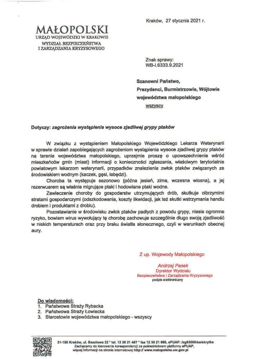 Zagrożenie wystąpienia wysoce zjadliwej grypy ptaków