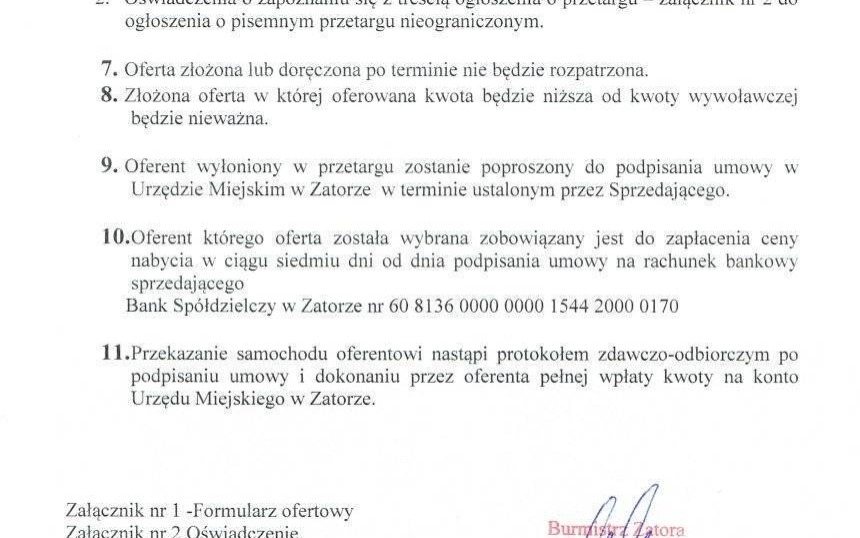 OGŁOSZENIE Burmistrz Zatora ogłasza II pisemny przetarg nieograniczony na sprzedaż samochodu strażackiego marki Jelcz, nr rej. KOS J996