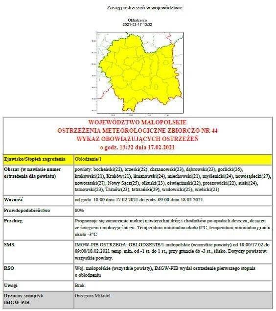 Ostrzeżenie meteorologiczne nr 44 Oblodzenie/1