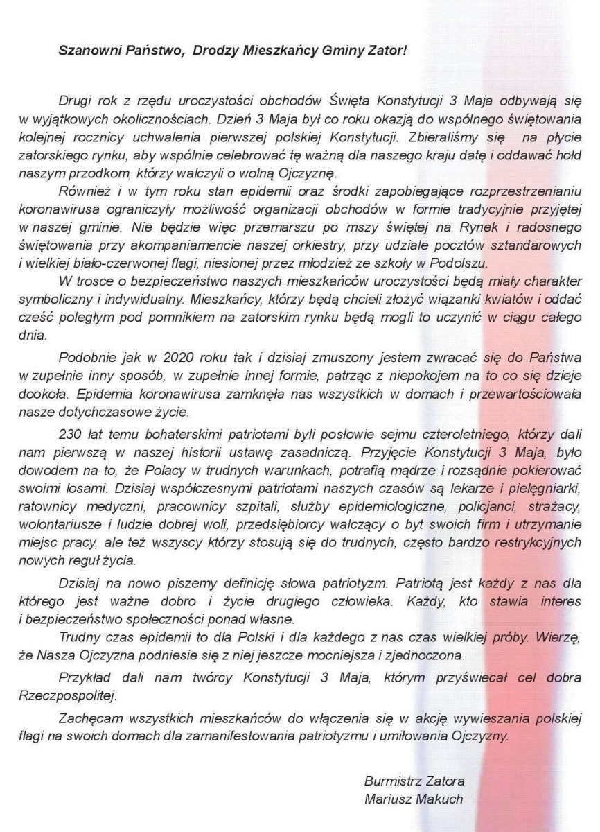 Szanowni Państwo, Drodzy Mieszkańcy Gminy Zator