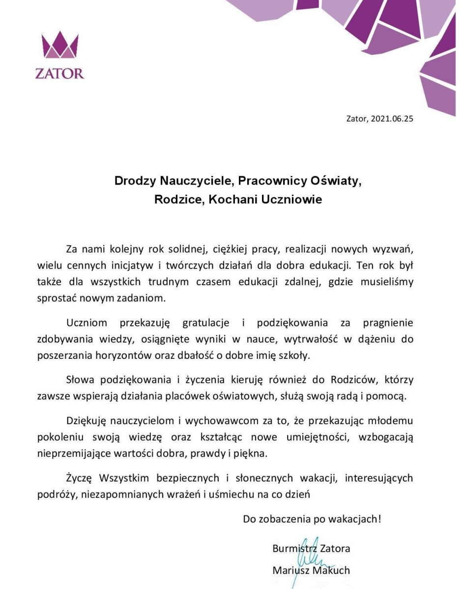 Drodzy Nauczyciele, Pracownicy Oświaty, Rodzice, Kochani Uczniowie